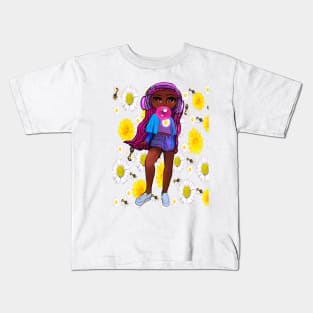 Beautiful Brown skin African American girl with Afro hair in pink braids blowing bubblegum and wearing headphones listening to music. Black girls rock, black girl magic,melanin poppin queen anime girl drawn in manga style Kids T-Shirt